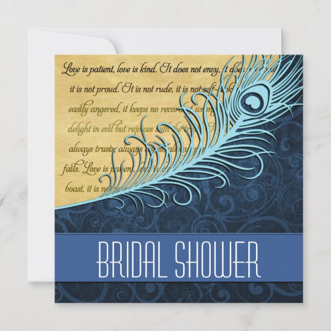Blue Vintage Peacock Bridal Shower Invitations (Front)