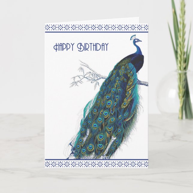 Blue Vintage Peacock - Happy Birthday card (Front)