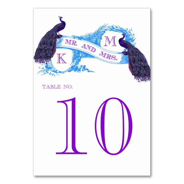 Blue Vintage Peacock Wedding Table Number (Front)