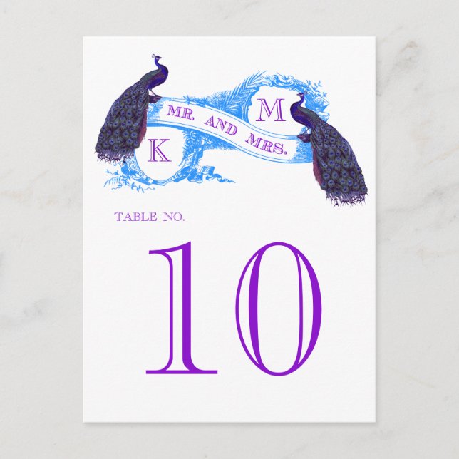 Blue Vintage Peacock Wedding Table Number 8806CE Postcard (Front)