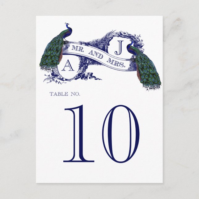 Blue Vintage Peacock Wedding Table Number Card (Front)