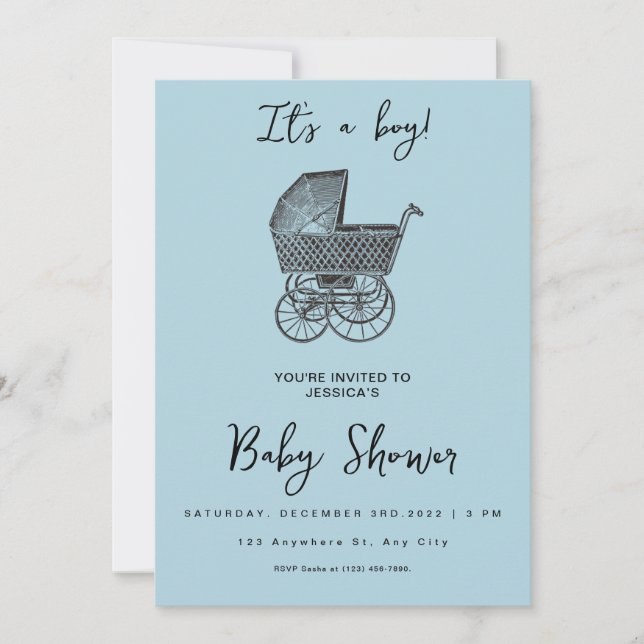 Blue Vintage Pram Stroller Baby Boy Shower Invitation (Front)
