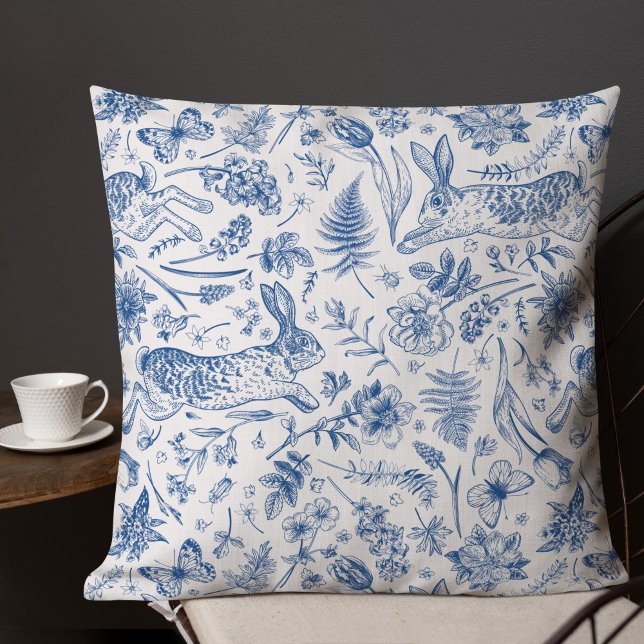 Blue vintage rabbits and spring flowers pattern cushion (Creator Uploaded)