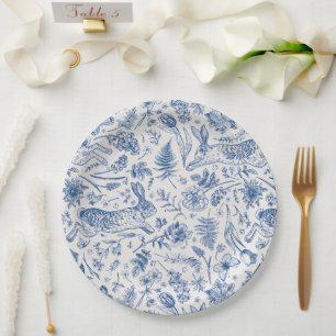 Blue vintage rabbits and spring flowers pattern paper plate