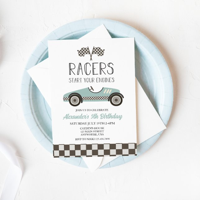 blue Vintage Race Car Birthday Invitation (Creator Uploaded)