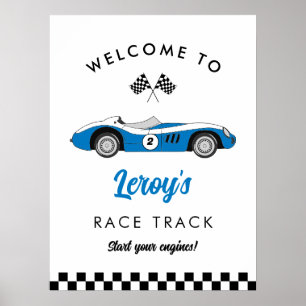 Blue Vintage Race Car Boy 2nd Birthday Welcome  Poster