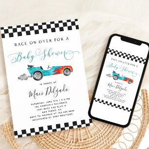Blue Vintage Race Car Boy Baby Shower Invitation