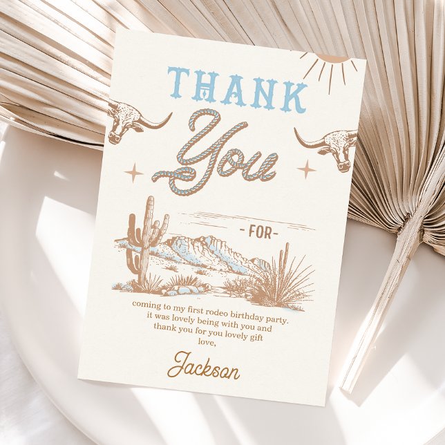 Blue Vintage Rodeo Birthday Thank You Card (Blue Vintage Wild West Western Rodeo Birthday Thank You Card Boy, Western Desert Thank You Card)