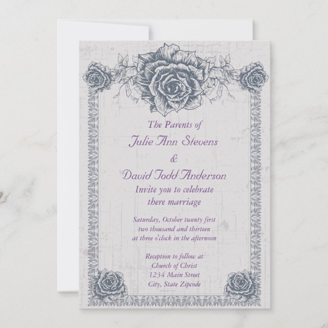 Blue Vintage Rose Border Wedding Invitation (Front)