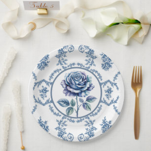 Blue Vintage Rose Paper Plate