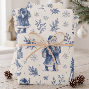 Blue Vintage Santa Christmas Toile Wrapping Paper