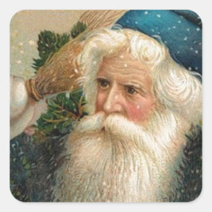 Blue Vintage Santa Claus and Snowflakes Square Sticker