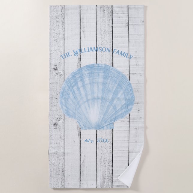 Blue Vintage Scallop Shell Beach Towel (Front)
