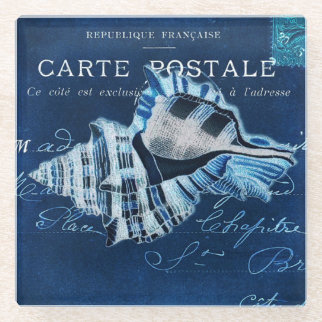 Blue Vintage Seashell French Postcard Collage Glass Coaster (Front)