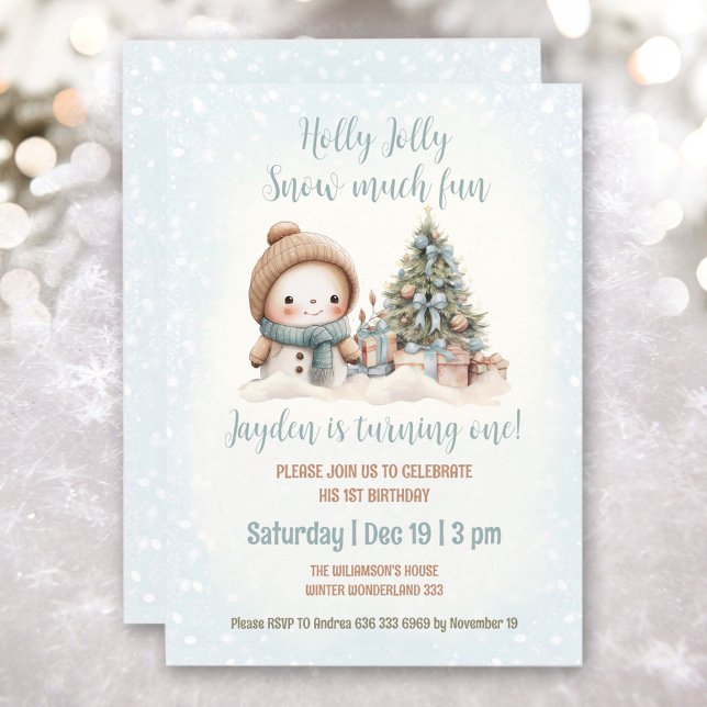 Blue Vintage Snowman Boy Christmas 1st Birthday  Invitation (Blue Vintage Snowman Boy Christmas 1st Birthday Invitation)