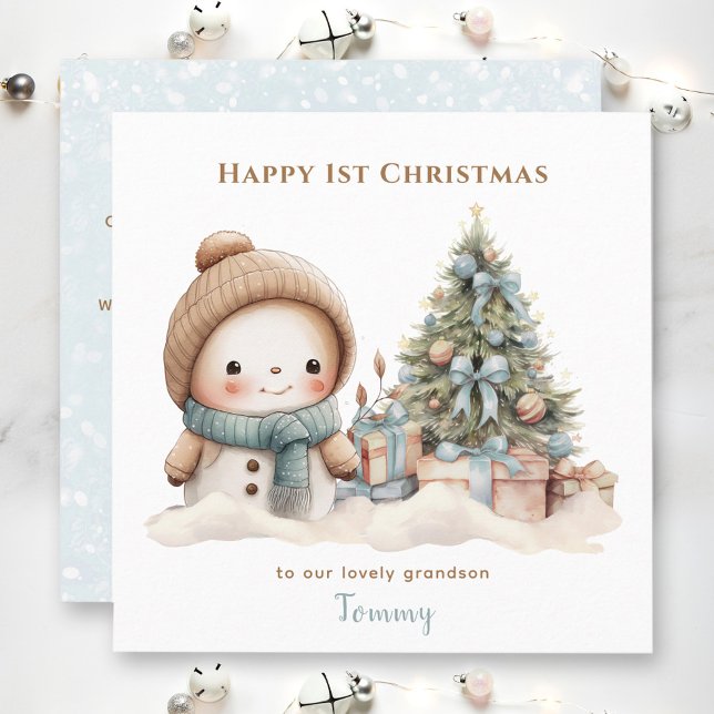Blue Vintage Snowman Boy First Christmas Card (Blue Vintage Snowman Boy First Christmas Card)