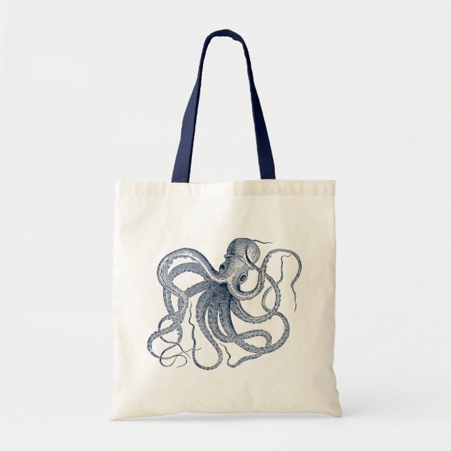 Blue Vintage Steampunk Octopus Tote Bag (Front)