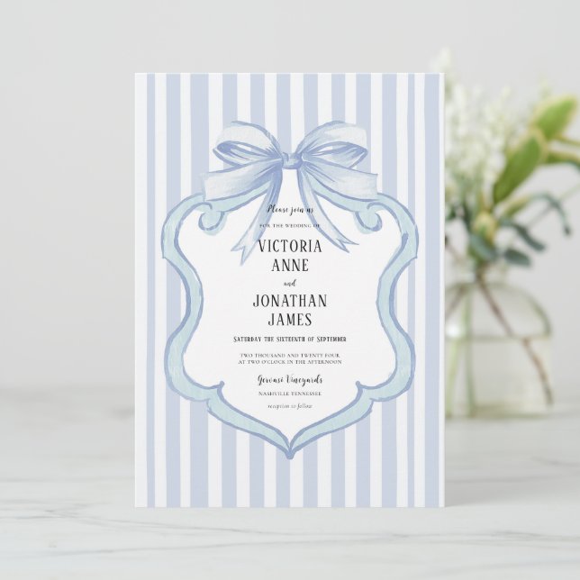 Blue Vintage Stripe Ribbon Bow Wedding Invitation (Standing Front)
