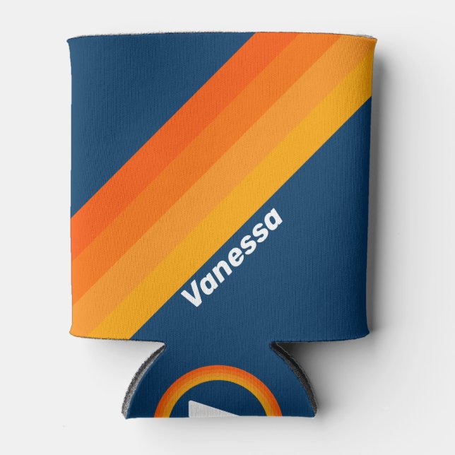 Blue Vintage Stripe with Name Can Cooler (Front)