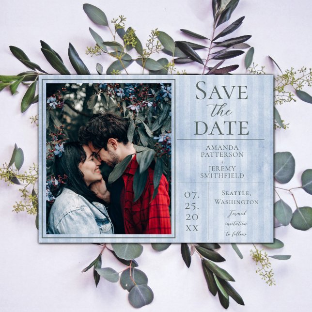 Blue Vintage Striped Photo Save the Date (Blue Vintage Striped Photo Save the Date)
