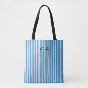 Blue Vintage Stripes Pattern Monogram Tote Bag