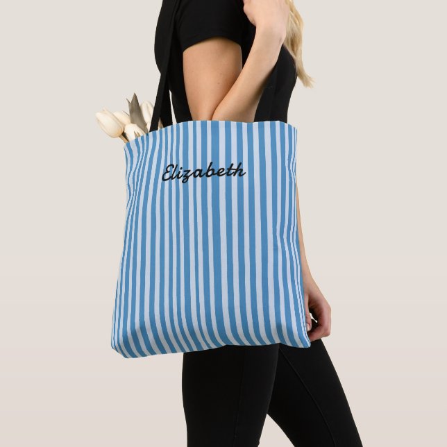 Blue Vintage Stripes Pattern Personalised Tote Bag (Close Up)