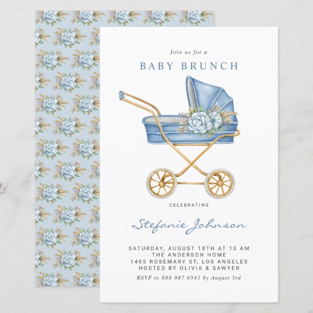 Blue Vintage Stroller Baby Brunch Invitation (Front/Back)