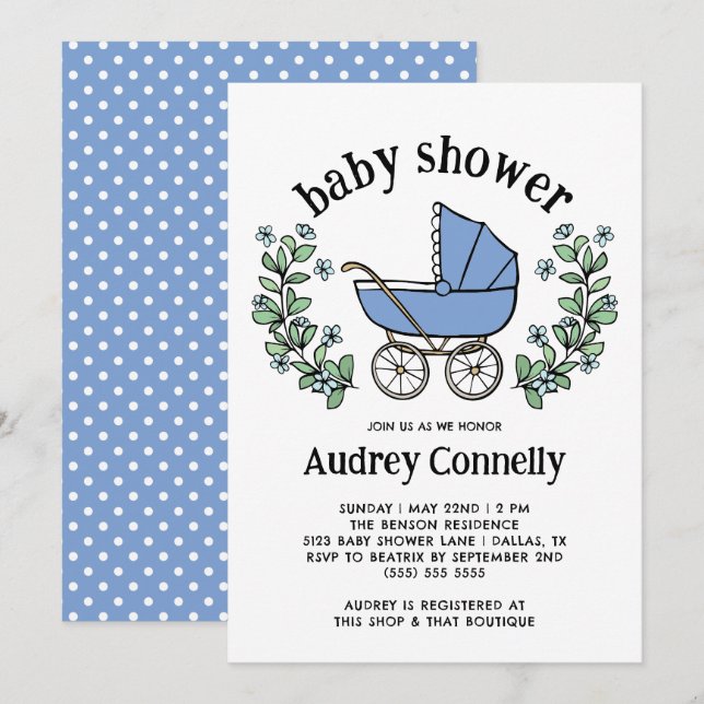 Blue Vintage Stroller Greenery Boy Baby Shower Invitation (Front/Back)