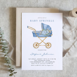 Blue Vintage Stroller It's a Boy Baby Sprinkle Invitation