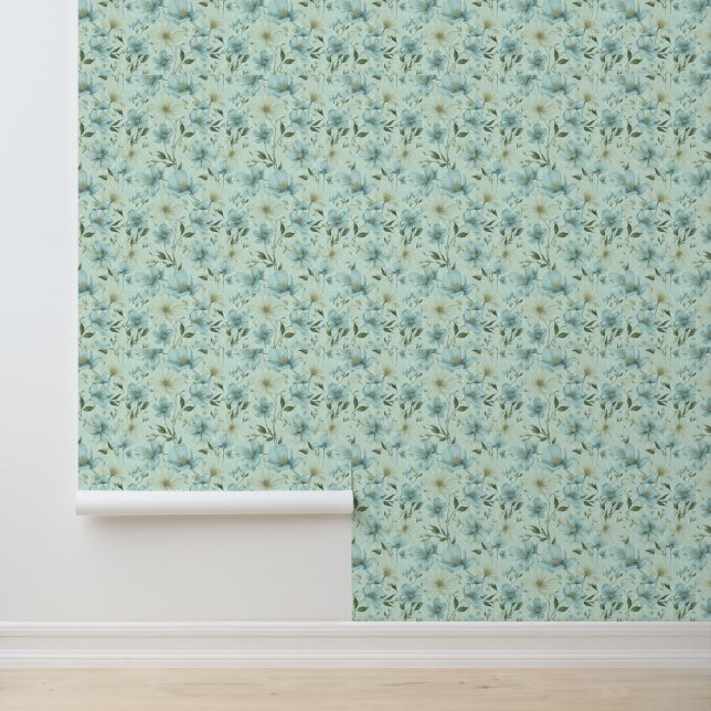 Blue vintage style floral damask pattern wallpaper (Application)