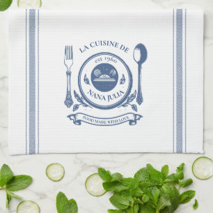 Blue Vintage Style French Cooking Customised Name Tea Towel