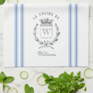 Blue Vintage Style French Sack with Custom Name Tea Towel