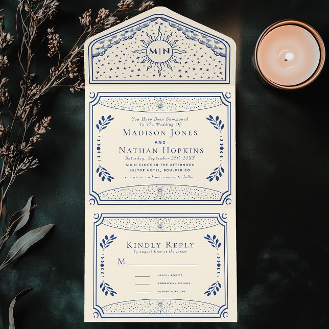Blue Vintage Tarot Card Gothic Wedding Invite (Creator Uploaded)