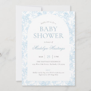 Blue Vintage Toile De Jouy Boy Script Baby Shower Invitation