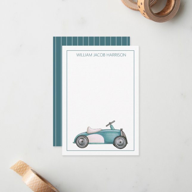 Blue Vintage Toy Car Personalised Card (Front/Back In Situ)