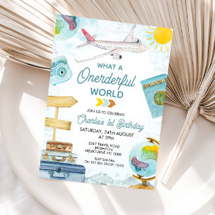 Blue Vintage Travel Onederful World 1st Birthday Invitation