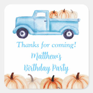 Blue Vintage Truck Pumpkin Birthday Party Favor Square Sticker