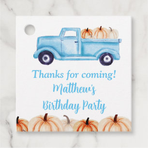 Blue Vintage Truck Pumpkin Birthday Party Favour Tags