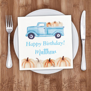 Blue Vintage Truck Pumpkin Boy Birthday Party Napkin