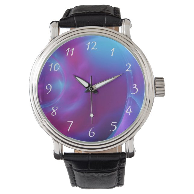 Blue Violet and Pink Cosmic Swirly Fractal Watch (Front)