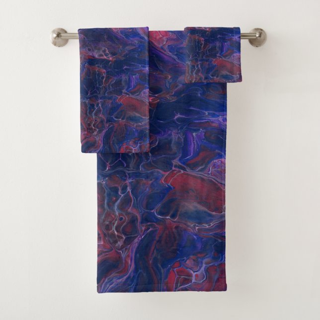 Blue Violet & Coral Red Marble Acrylic Abstraction Bath Towel Set (Insitu)