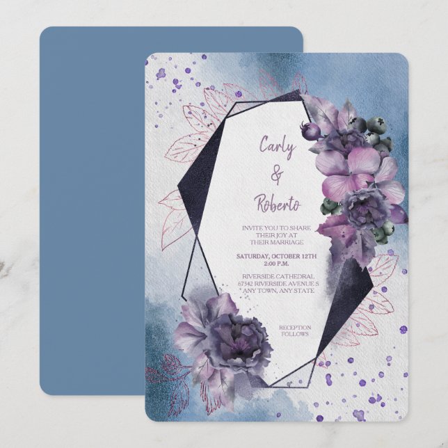 Blue Violet Floral Modern Geometric Frame Wedding Invitation (Front/Back)