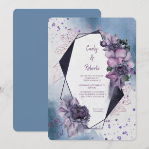 Blue Violet Floral Modern Geometric Frame Wedding Invitation