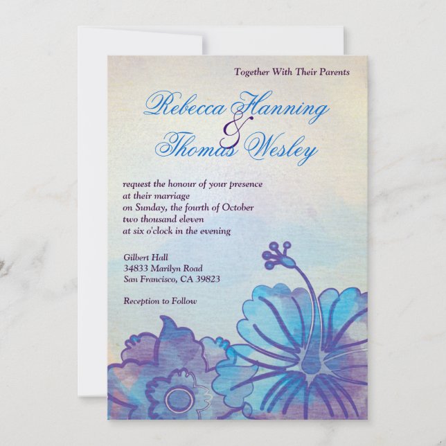 Blue & Violet Floral Watercolor Wedding Invitation (Front)