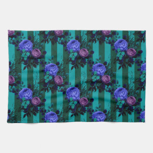 Blue Violet Gothic Roses Vertical Lines Garden Tea Towel