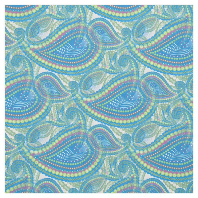 Blue Violet Lime Green Paisley Floral Art Pattern Fabric (Swatch)