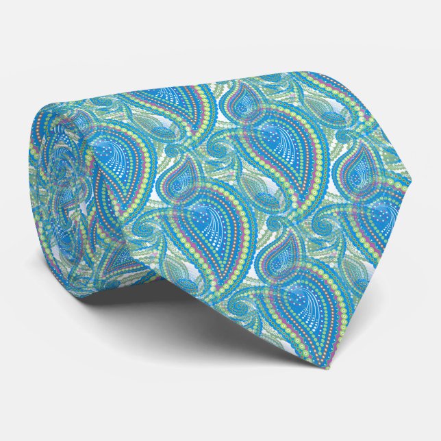 Blue Violet Lime Green Paisley Floral Pattern Tie (Rolled)