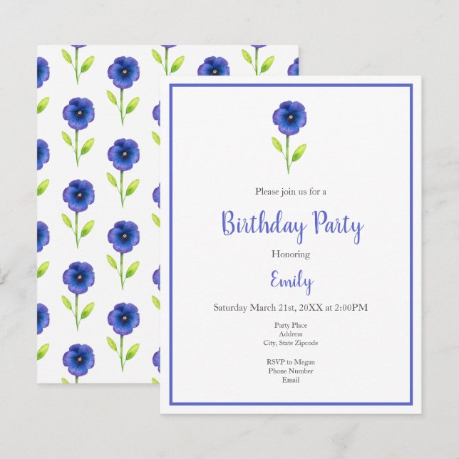 Blue Violet Pansies Invitation (Front/Back)