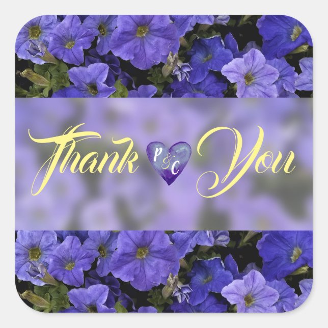 Blue Violet Petunias Wedding Thank You Square Sticker (Front)