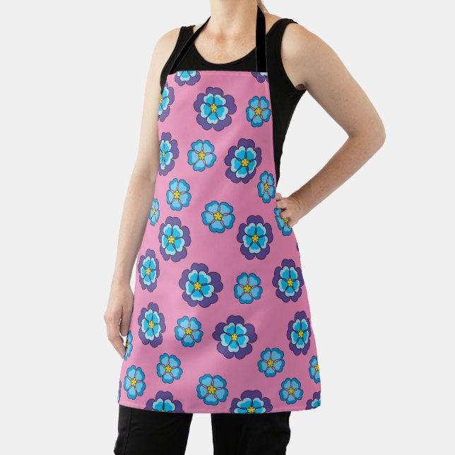 Blue Violet Pink Floral Pattern Apron (Insitu)